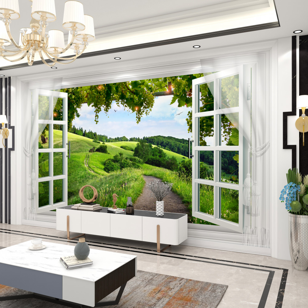 Fototapeta okno z widokiem na zielone łąki