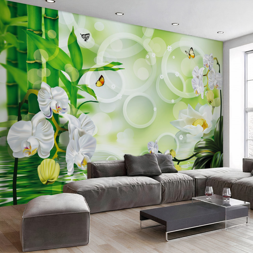 Fototapeta zielone kwiaty bambusa i woda na białych kółkach