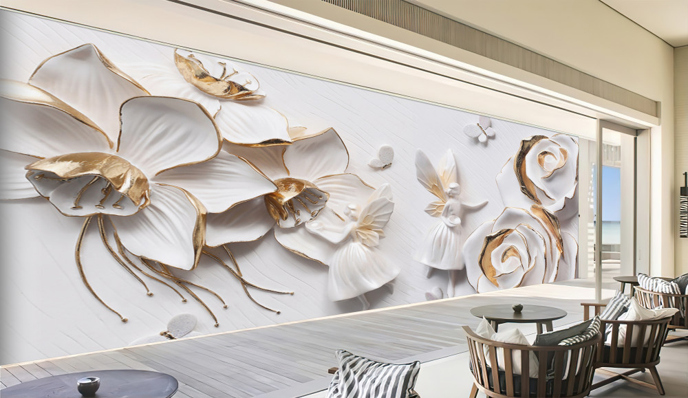 Fototapeta białe kwiaty ze złotem i motylami