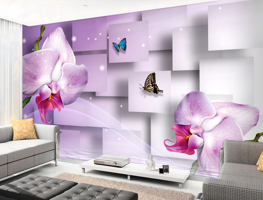 Fototapeta liliowe orchidee i motyle na tle geometrycznym
