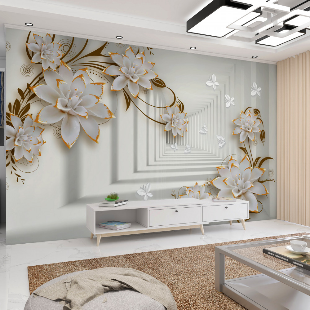 Fototapeta białe kwiaty lotosu ze złotem w tunelu