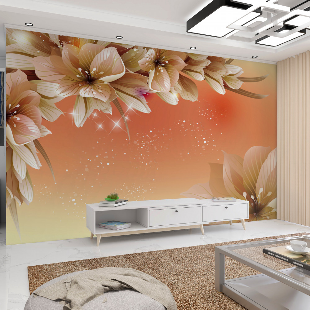 Fototapeta gałąź kwitnących białych kwiatów na tle zachodu słońca