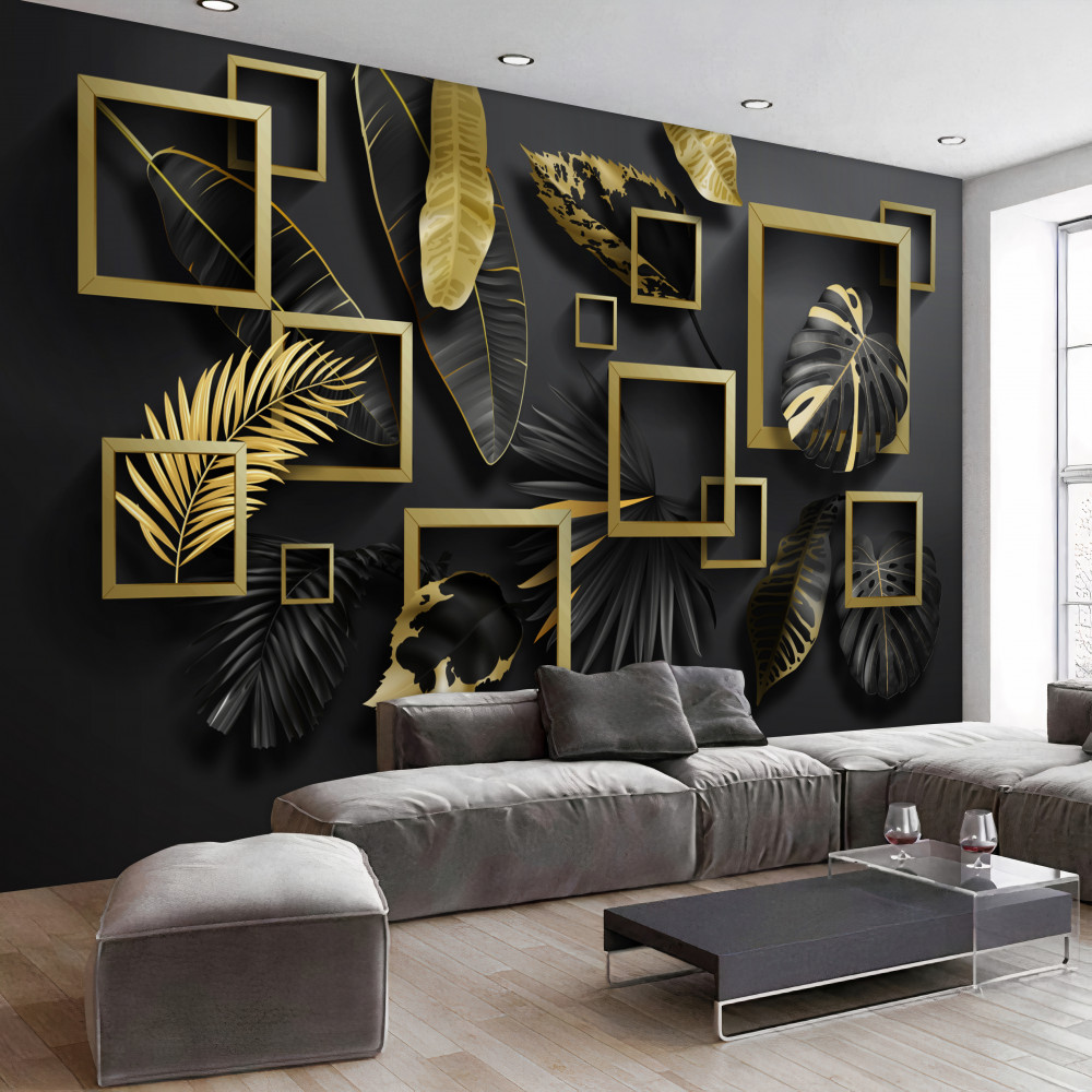 Fototapeta czarno-złote pióra w ramkach