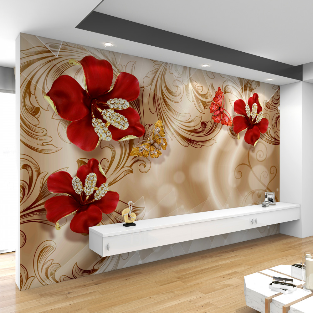 Fototapeta czerwone lilie i złote gałęzie