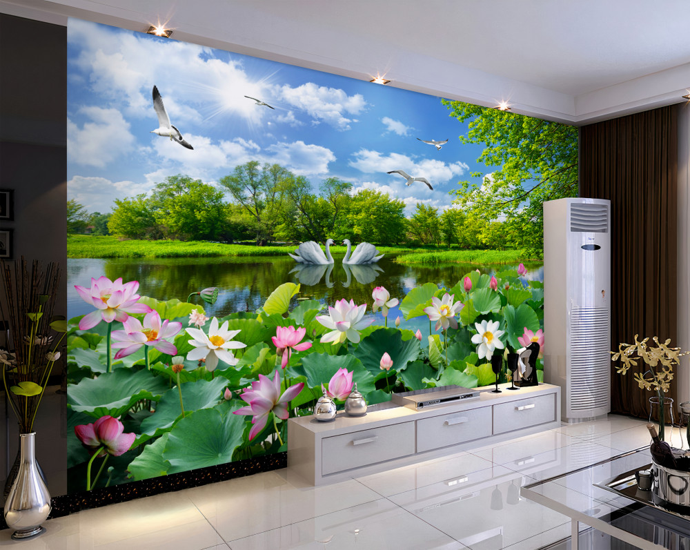 Fototapeta para łabędzi na jeziorze z liliami wodnymi