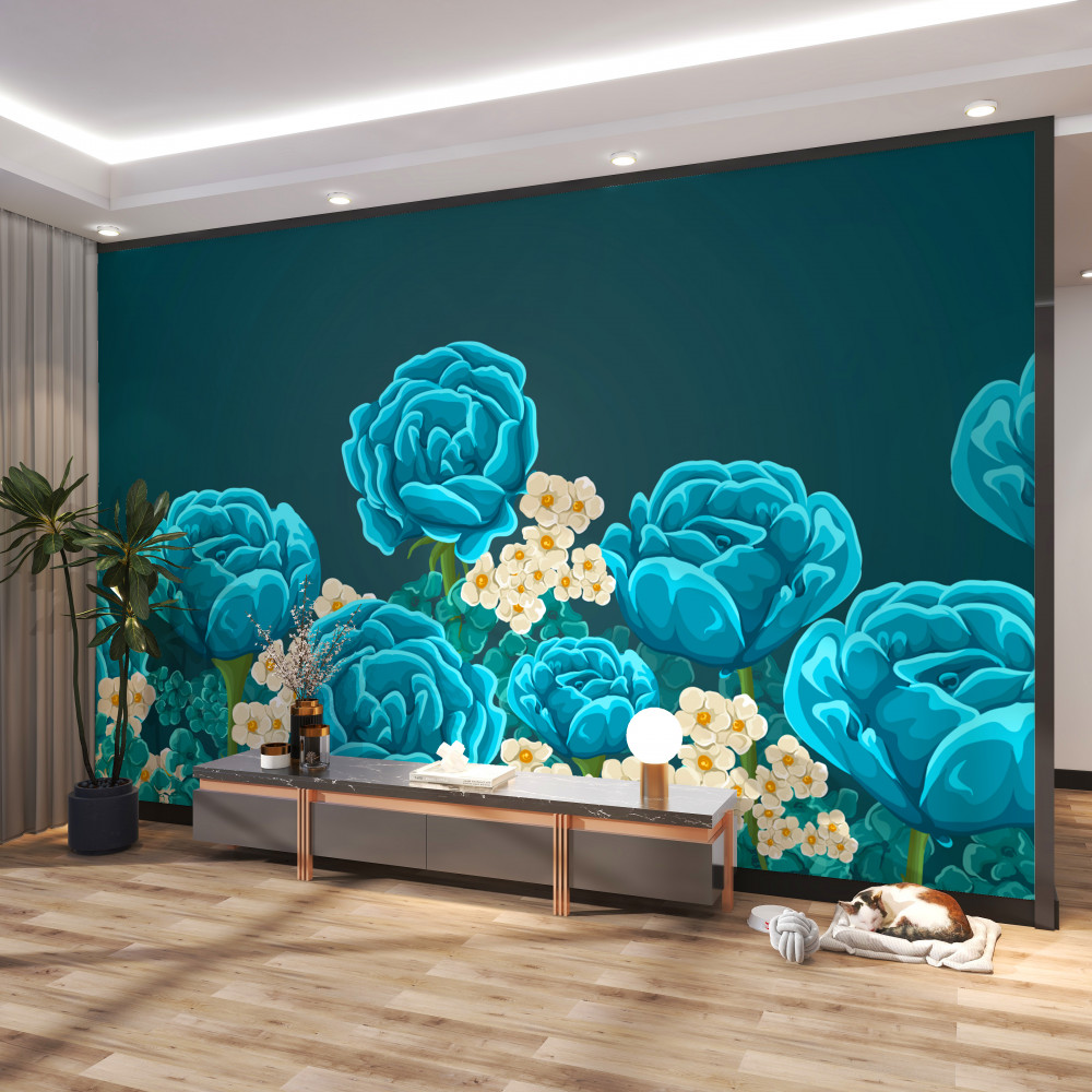 Fototapeta niebieskie róże i małe białe stokrotki