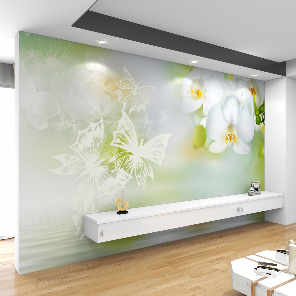 Fototapeta białe kwiaty orchidei w odbiciu w wodzie