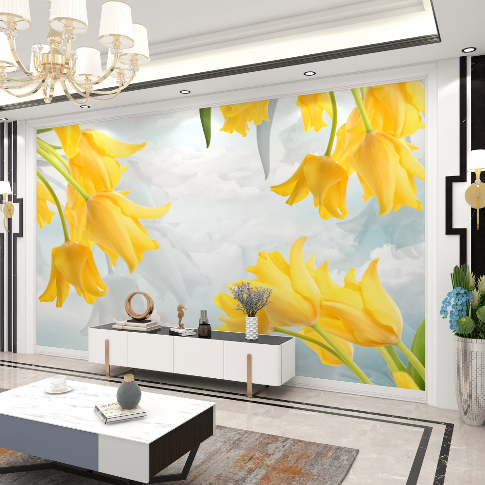 Fototapeta żółte tulipany na błękitnym niebie