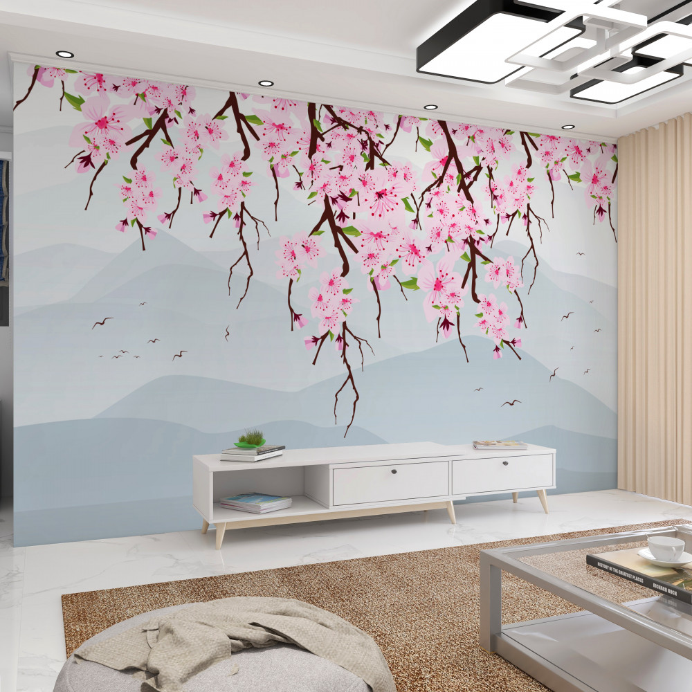 Fototapeta kwiaty wiśni na tle gór i wody