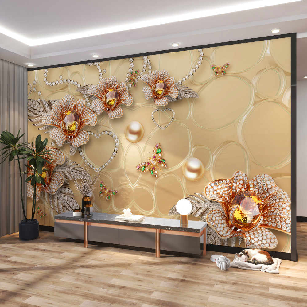 Fototapeta białe metalowe kwiaty z perłami