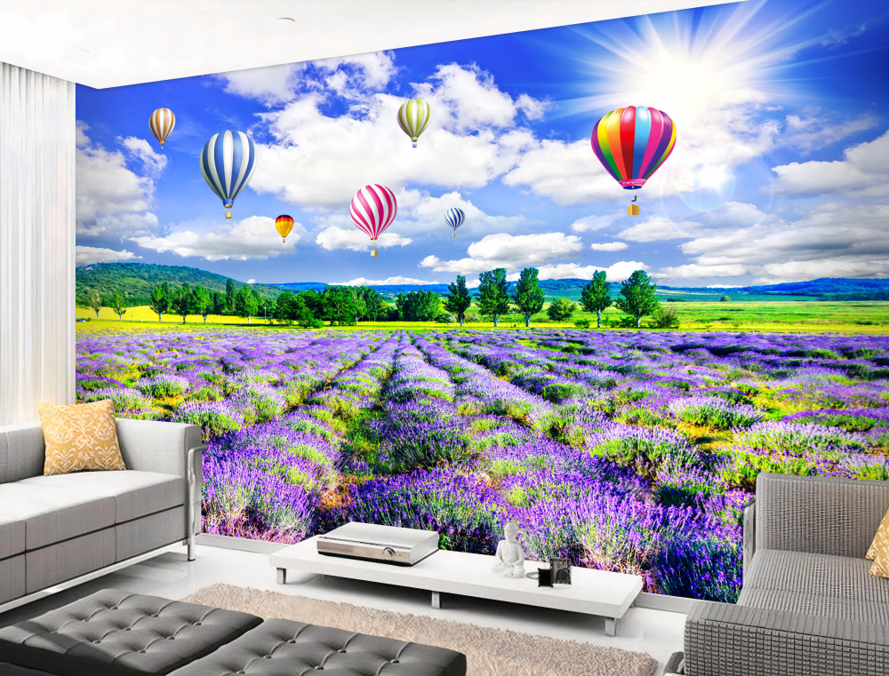 Fototapeta Lot balonem na ogrzane powietrze nad polem lawendy