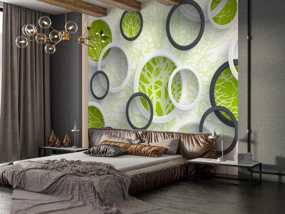 Fototapeta zielone liście drzew w okrągłym obiektywie