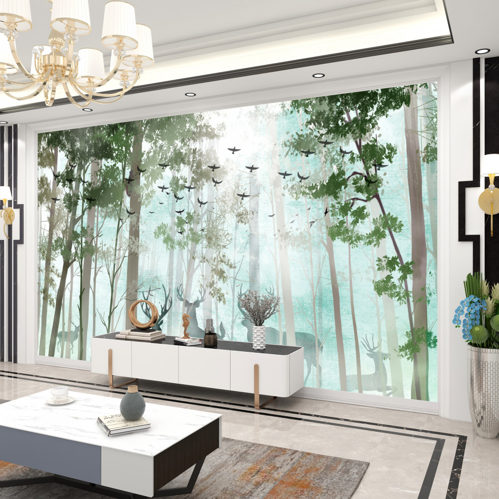 Fototapeta stado jeleni spotyka świt w mglistym lesie