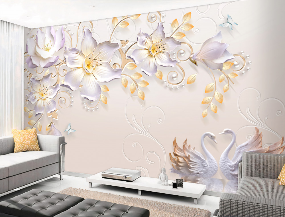 Fototapeta dwa białe łabędzie i białe kwiaty