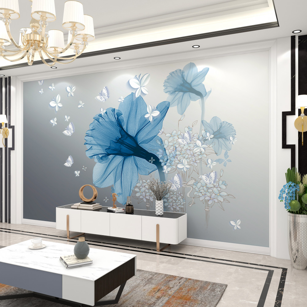 Fototapeta białe motyle obok niebieskich kwiatów