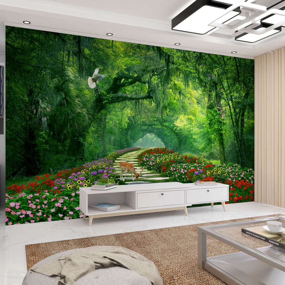 Fototapeta kolorowa ścieżka w kwiatach przez las