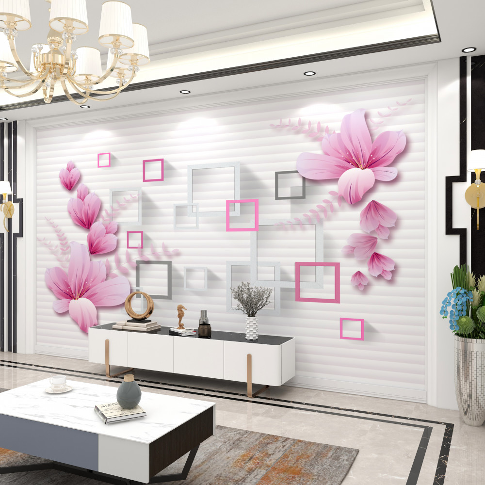 Fototapeta liliowe kwiaty i kwadraty na białej cegle