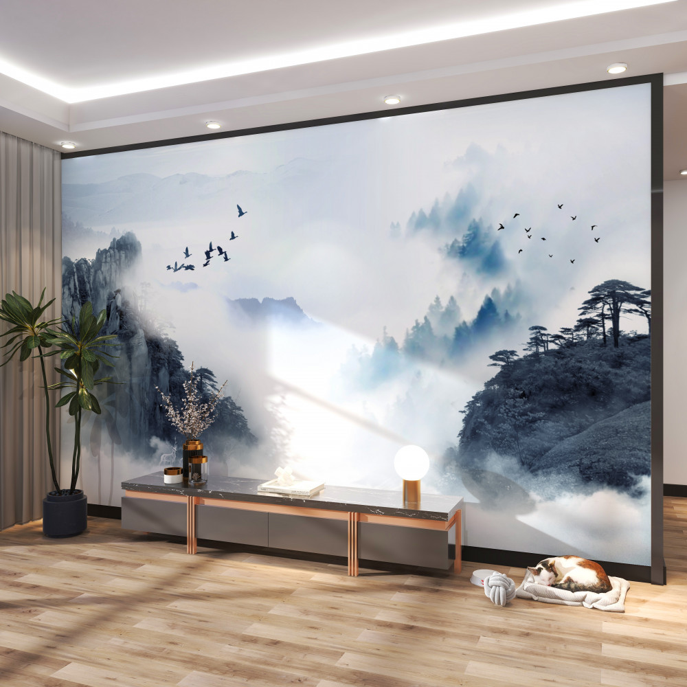 Fototapeta ptaki wzlatują wysoko z zimnej mgły