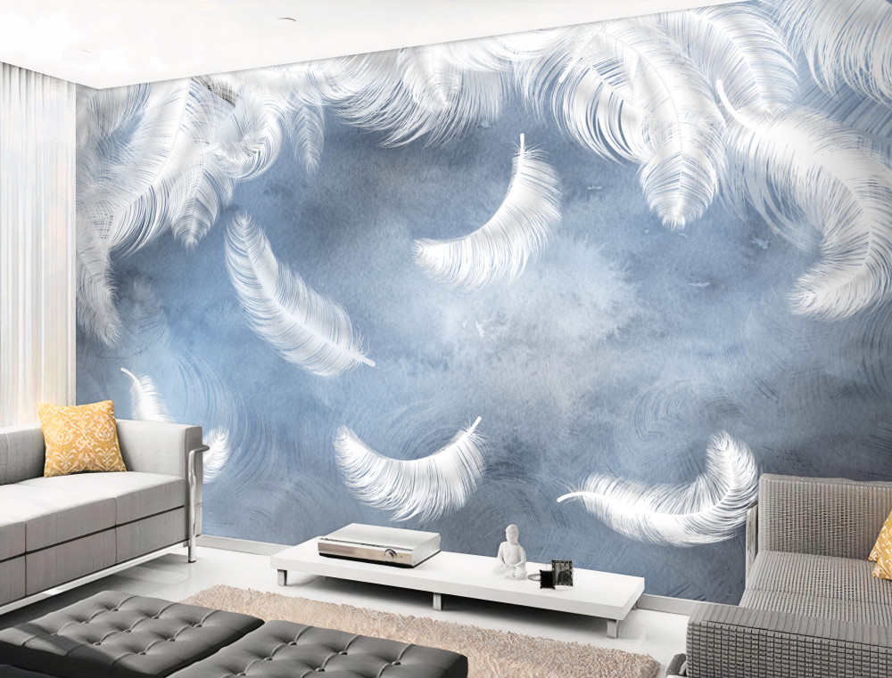 Fototapeta białe latające pióra na niebieskim tle