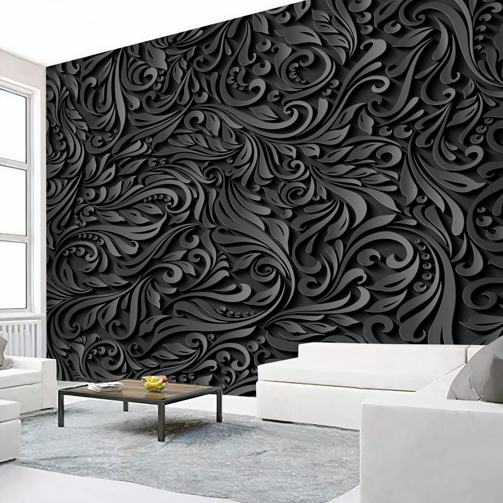 Fototapeta tekstura czarne kwiaty z liśćmi