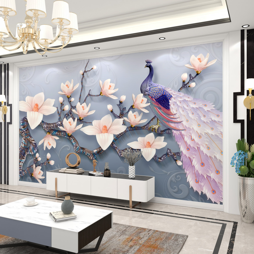 Fototapeta wspaniały paw na gałęzi z kwiatami