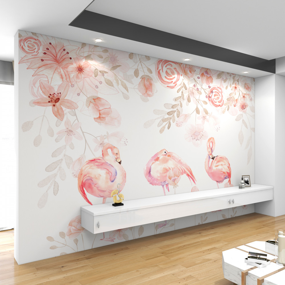 Fototapeta różowy flaming i kwiaty