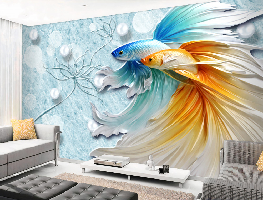 Fototapeta niebiesko-złota ryba z luksusowymi ogonami