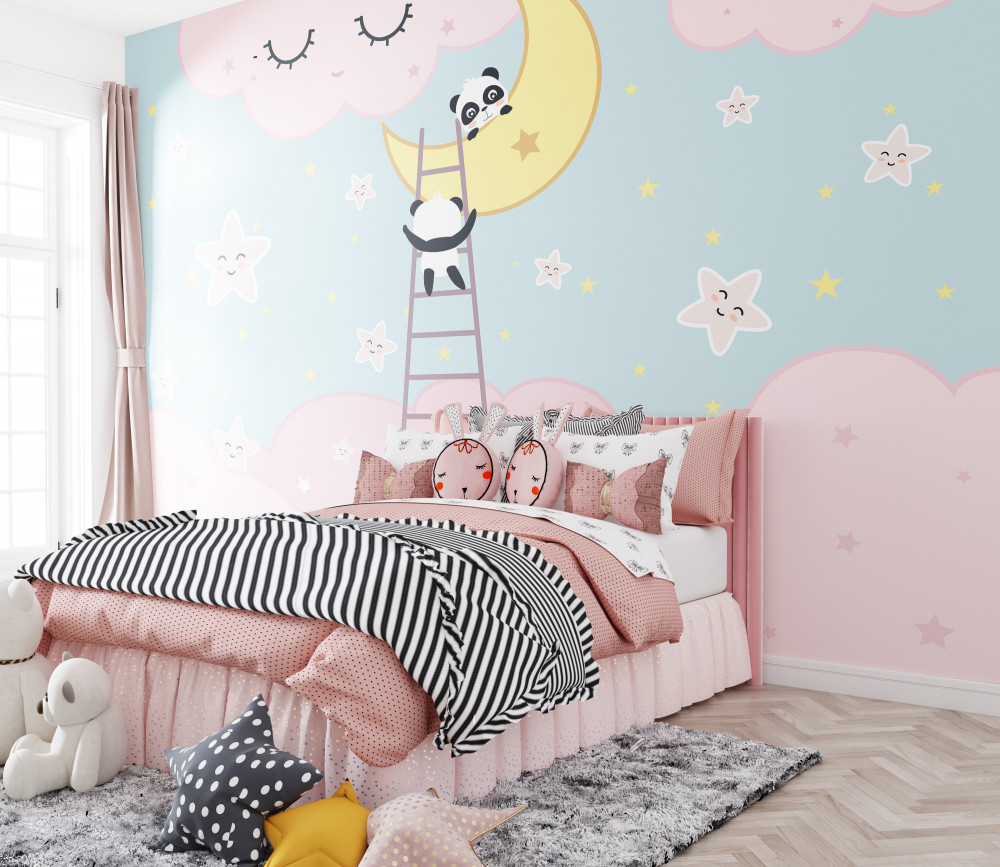 Fototapeta panda wspina się po schodach na księżyc