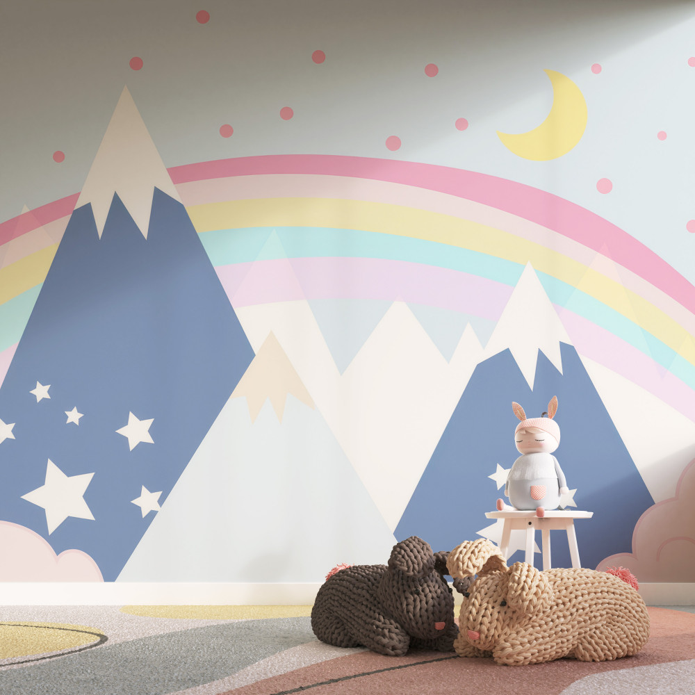 Fototapeta błękitne góry na tęczowym tle