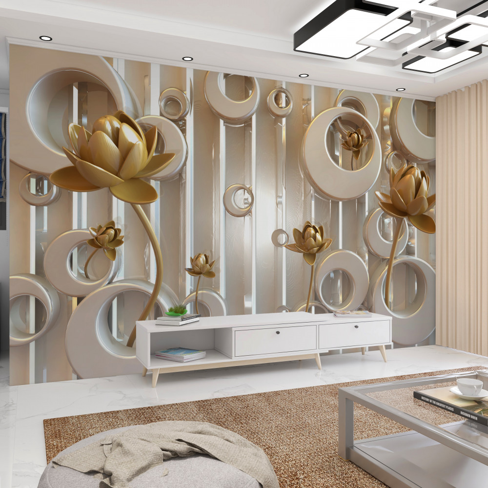 Fototapeta złote kwiaty i kulki w kształcie księżyca