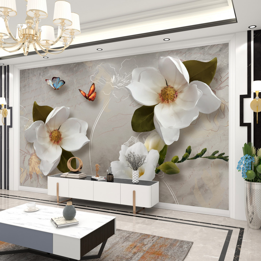 Fototapeta dwa motyle przelatują nad białymi kwiatami