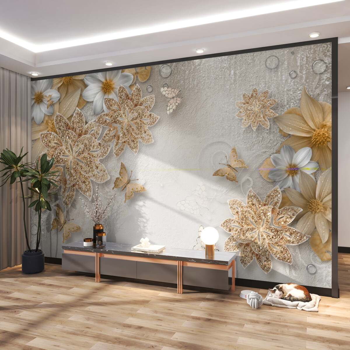 Fototapeta Białe i brązowe kwiaty z motylami