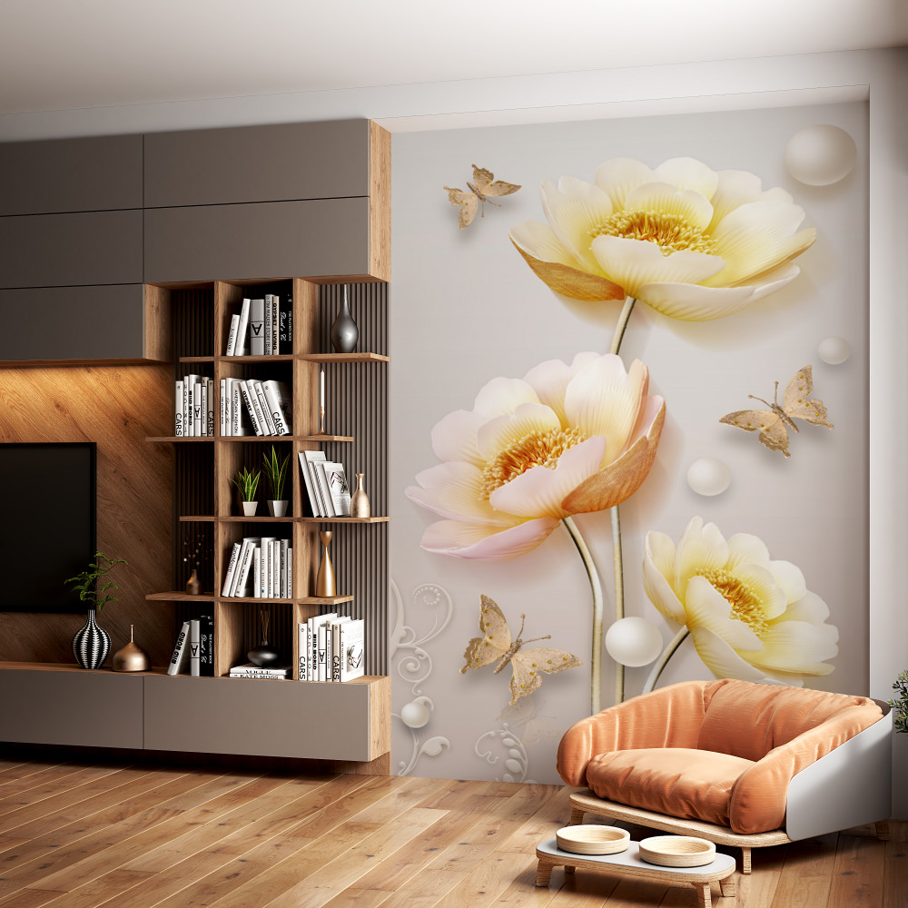 Fototapeta kwiaty, perły i motyle