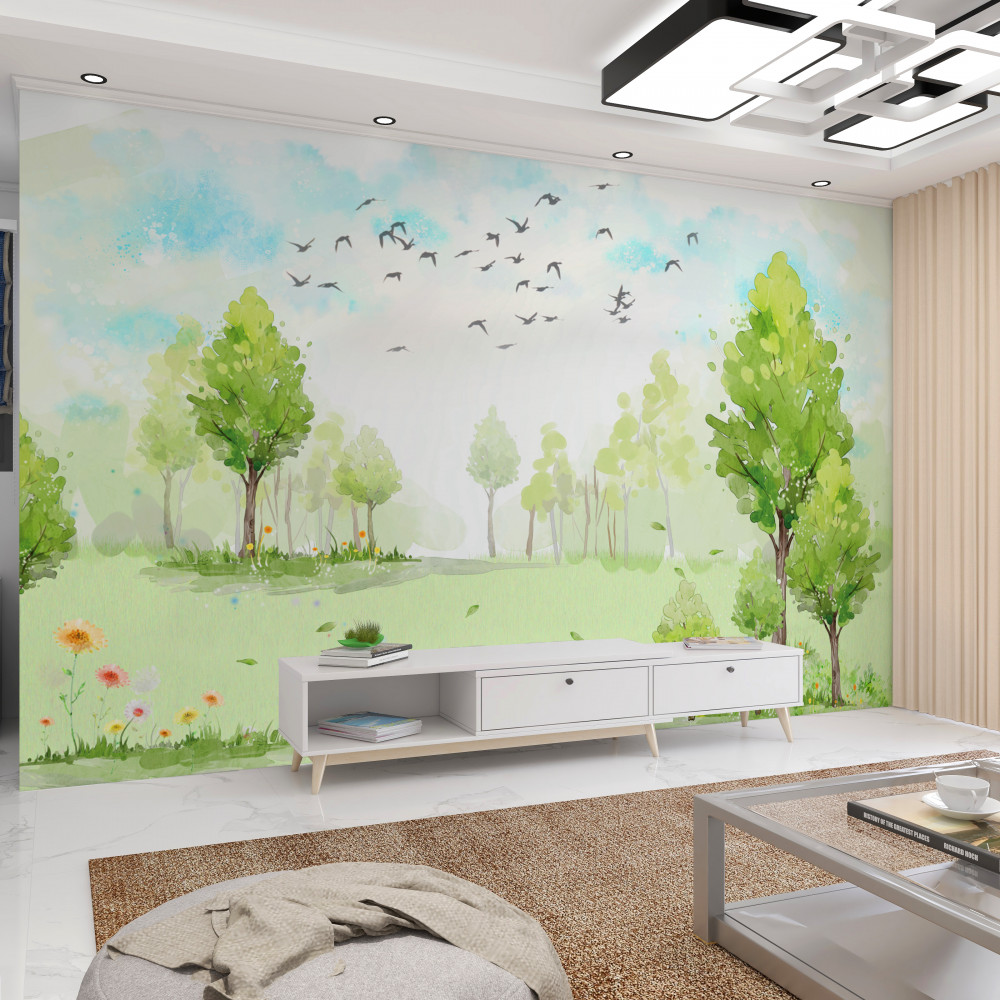 Fototapeta ptaki latające między drzewami