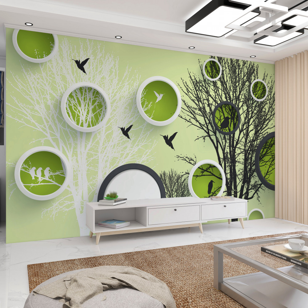 Fototapeta czarno-białe drzewa z ptakami