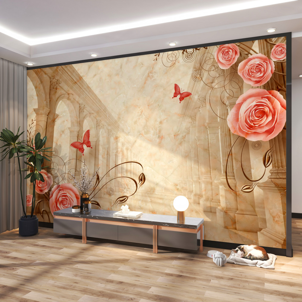 Fototapeta różowe róże i motyle na tle łuków