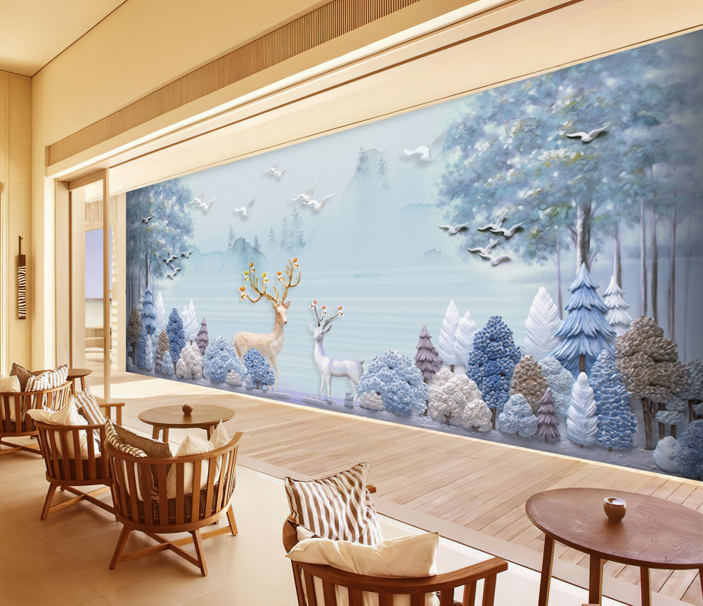 Fototapeta jelenie pasą się wśród drzew i gór