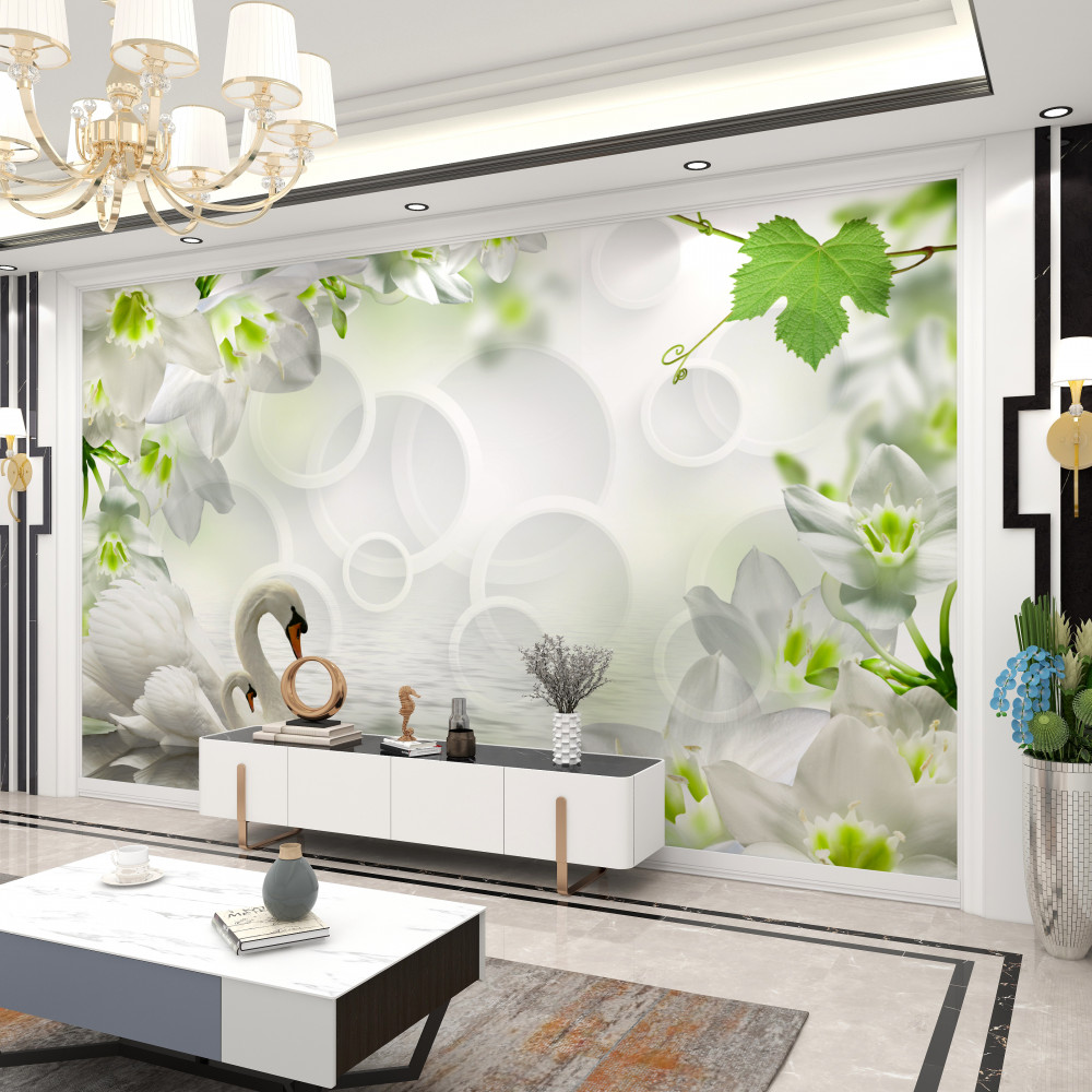 Fototapeta łabędzie na jeziorze wśród białych kwiatów