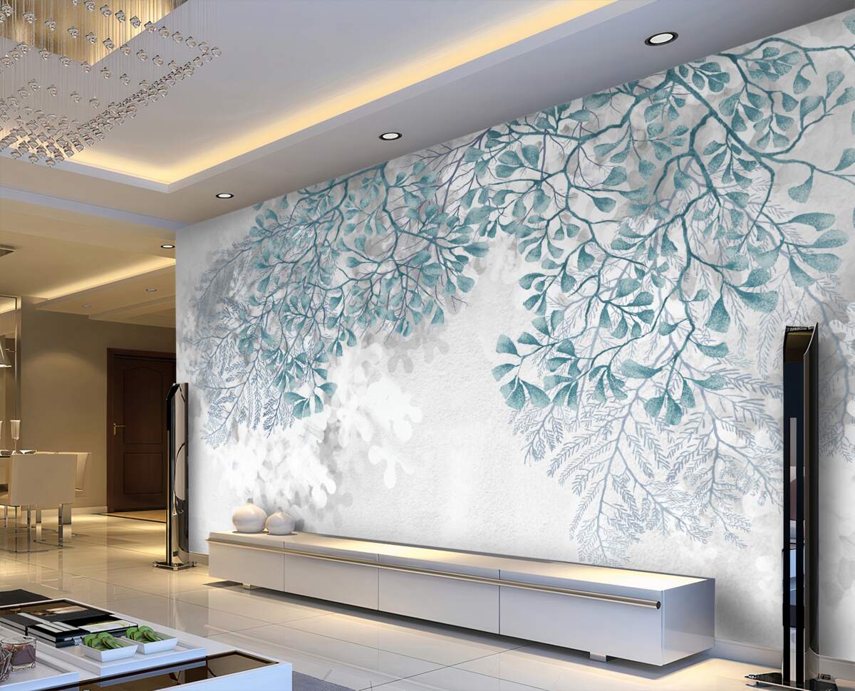 Fototapeta Gałązki z turkusowymi liśćmi na jasnym tle