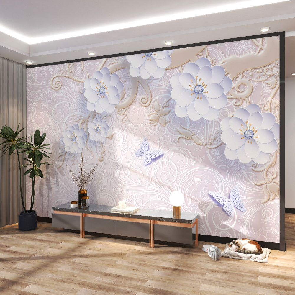 Fototapeta śnieżnobiały kwiat i latające motyle