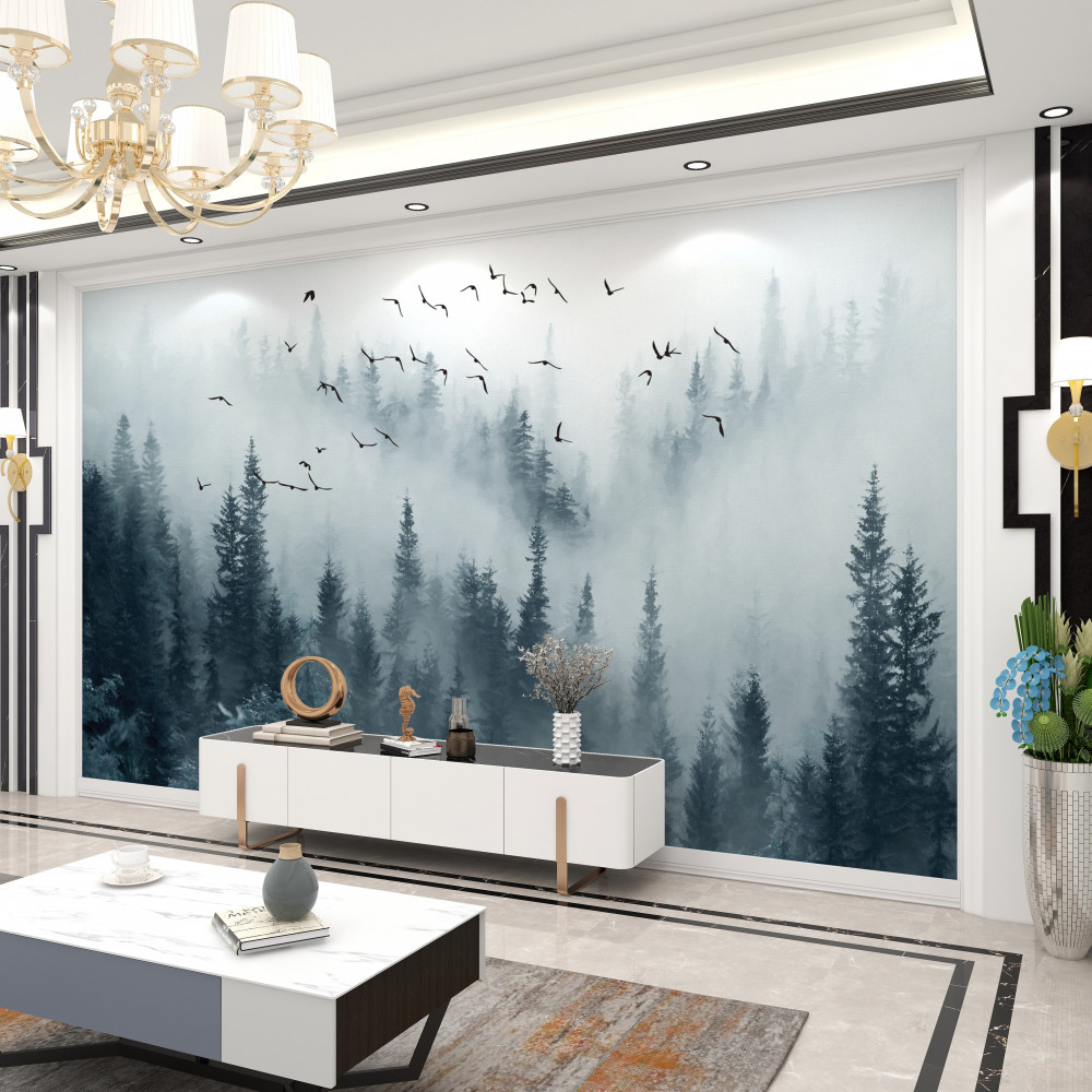 Fototapeta ptaki latają nad mglistym lasem