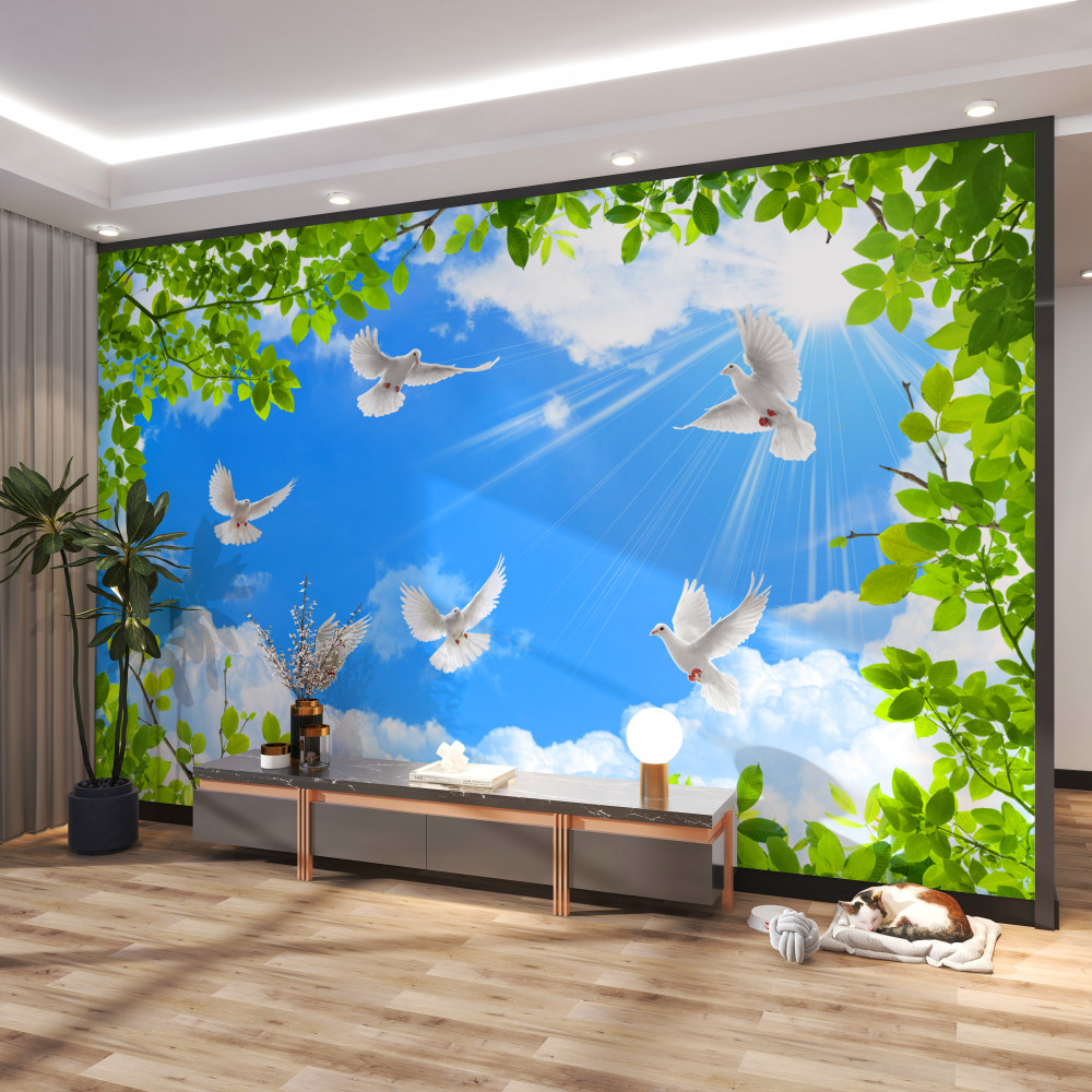 Fototapeta gołębie na błękitnym niebie w zielonej ramce