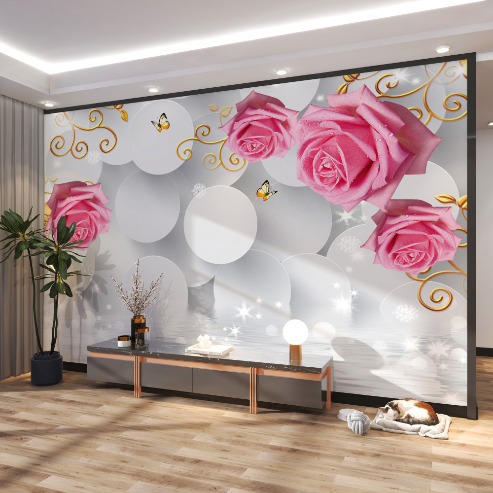 Fototapeta różowe róże na tle białych kółek