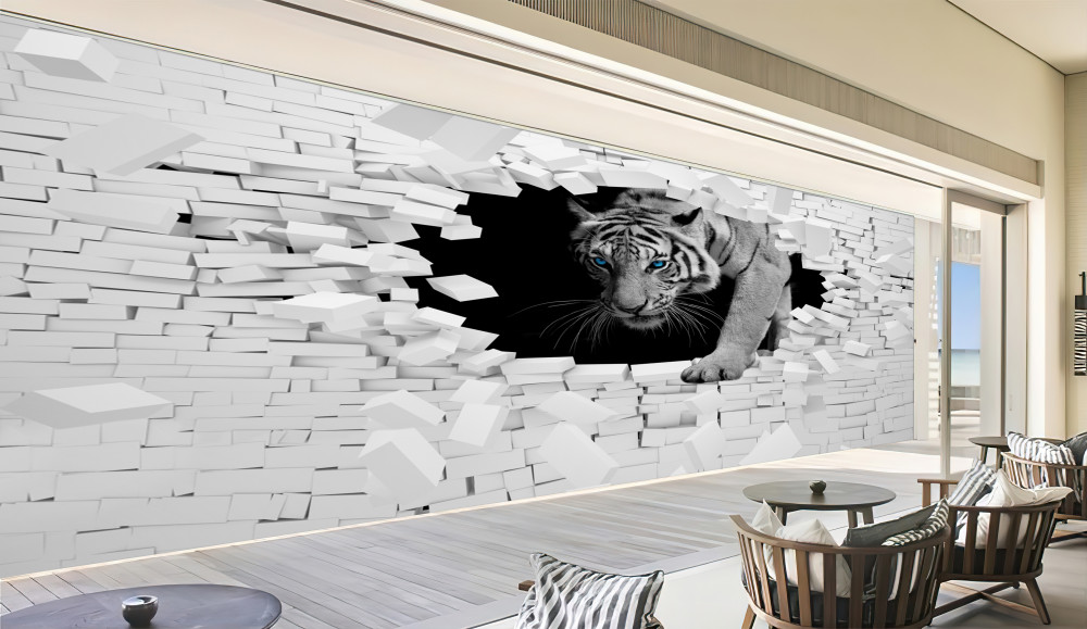 Fototapeta tygrys niszczy ceglany mur