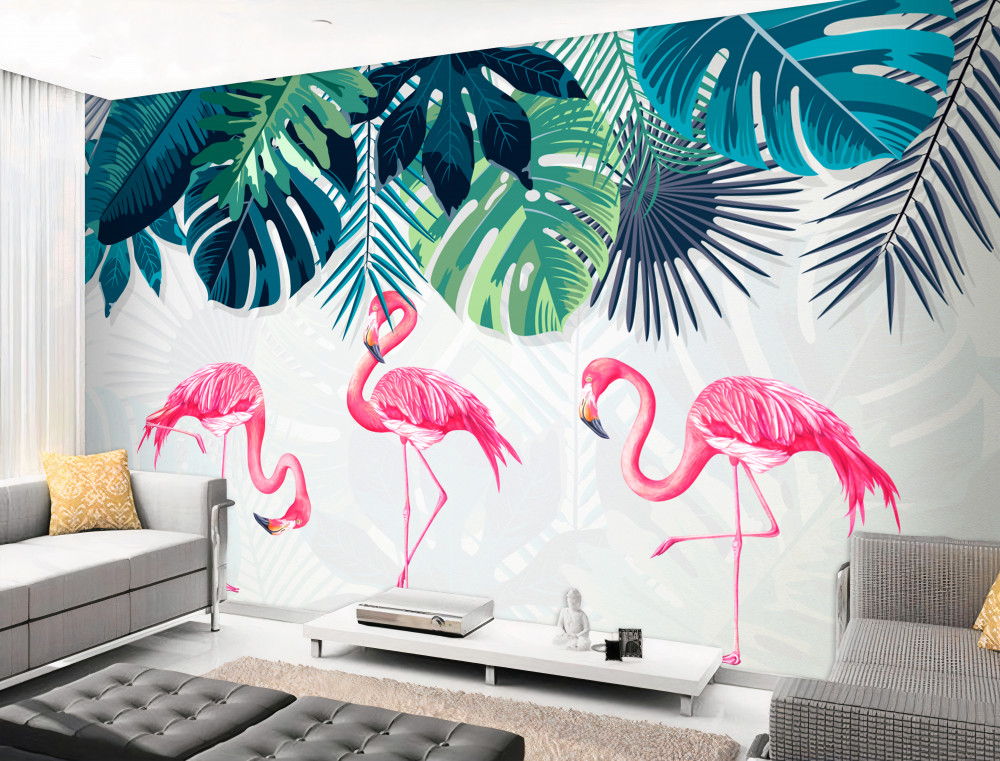 Fototapeta różowy flaming i liście tropikalne