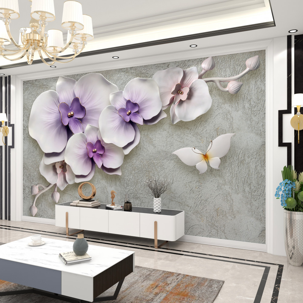 Fototapeta duże fioletowe lilie i biały motyl