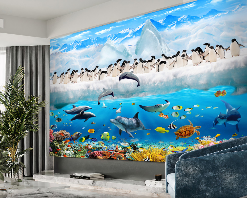 Fototapeta pingwiny i delfiny w rafach koralowych