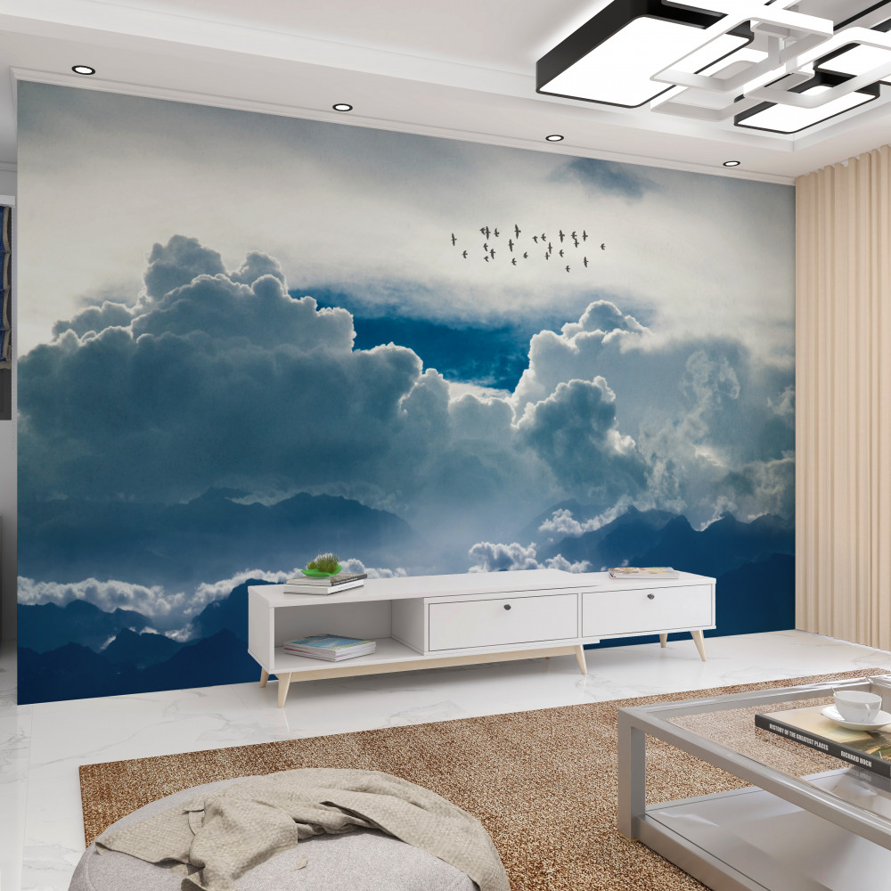 Fototapeta stado ptaków nad gęstymi chmurami