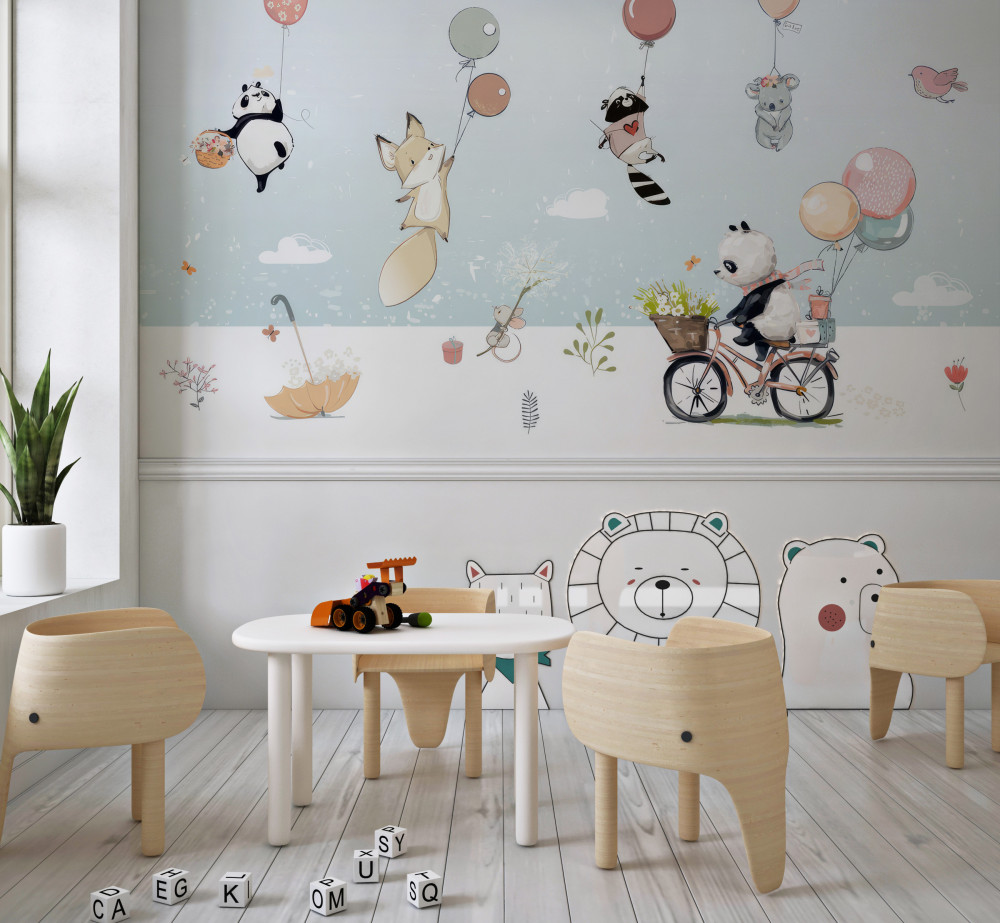 Fototapeta panda na rowerze i zwierzęta z piłkami