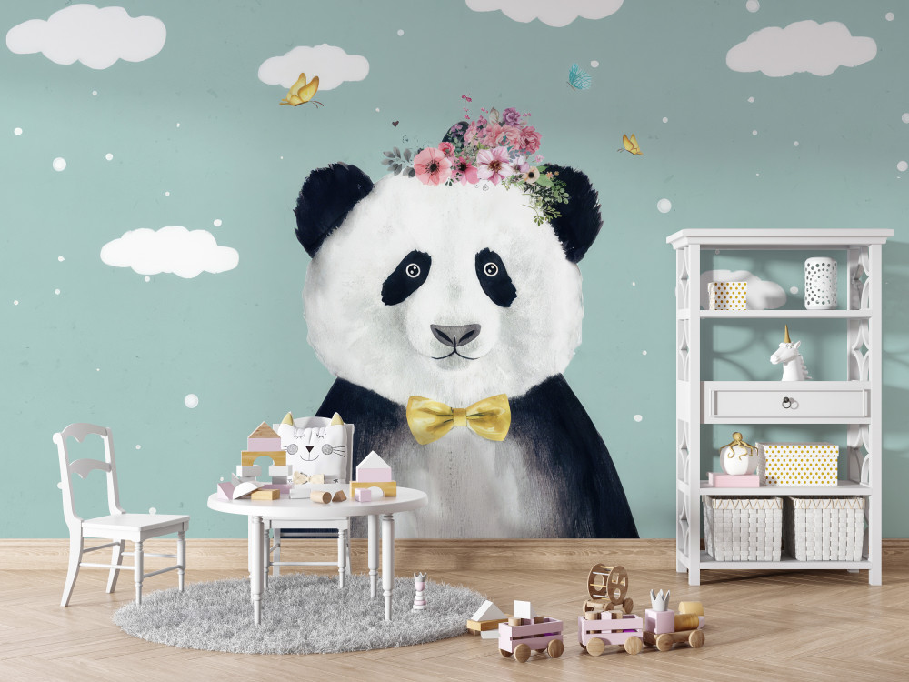Fototapeta panda z kwiatami na tle chmur